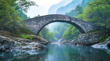 Ancient Stone Bridge Over Serene Mountain River