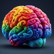 brain that is colorfully illustrated with multiple vibrant colors. Each section of the brain is painted in a different color, including red, orange, yellow, green, blue, and purple.