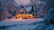 A Snowy Scene Of A Cape Cod House With Warm Lights Glowing From Windows, Icicles Hanging From The Eaves, And A Snow-covered Yard