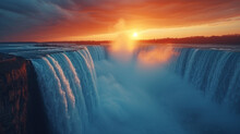 The Powerful Flow Of Niagara Falls, Viewed From The Edge, With The Sun Setting Behind It