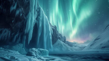 A Frozen Waterfall In Winter, Icicles Hanging From The Cliff, Under The Northern Lights