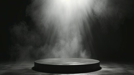 Podium black dark smoke background product platform abstract stage texture fog spotlight. Dark black floor podium dramatic empty night room table concrete wall scene place display studio smoky dust