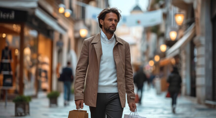 Poster - Handsome man with shopping bags walking on a city street, Consumerism, sales, lifestyle concept. Generative AI.