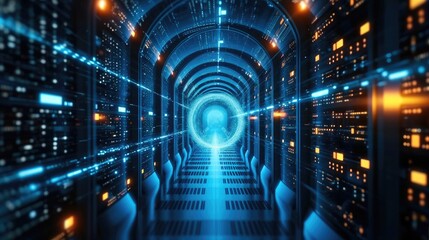 Poster - Abstract concept of blue tunnel with computer number matrix code. big data information internet storage connection server in a tech company. Generative AI.