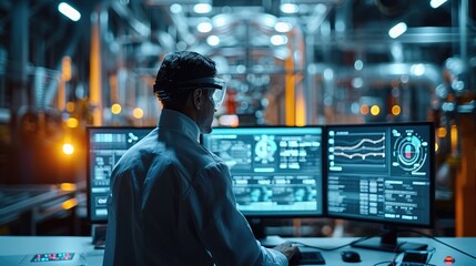 Aufkleber - Engineer monitoring a sophisticated AI dashboard showing real-time data and predictive analytics. Generative AI.