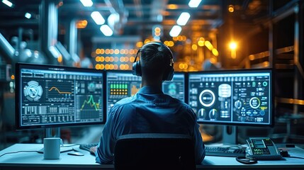Fototapete - Engineer monitoring a sophisticated AI dashboard showing real-time data and predictive analytics. Generative AI.