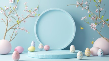 Set of 3D happy easter day background. Platforms mockup product display. Abstract composition minimal design. Stage showcase.