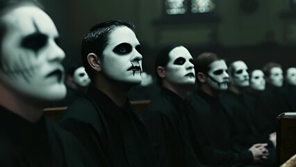 Wall Mural - the pews are filled with blackclad worshippers their faces painted with white and black makeup evoki