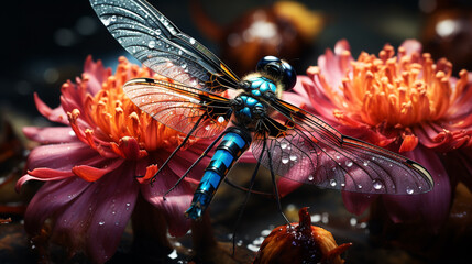 Wall Mural - A dragonfly's intricate wings are highlighted against the vibrant hues of a summer garden