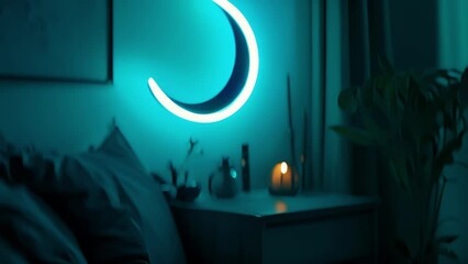 Wall Mural - A neon moon sign p on the dresser casting a serene blue light over the room.