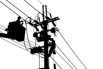 Wall Mural - Silhouette of Electrician lineman worker at climbing work on the electric post power pole