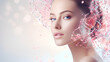 A beautiful woman portrait serum molecules structure on the face, pink tone colour light on pink background. Copy space, banner. Advertising style