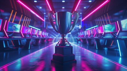 The e-sports winner trophy standing on the stage in the middle of the arena with neon lights background.