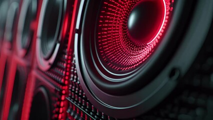 Wall Mural - extreme closeup of a single speaker showcasing its intricate and advanced design as it emits a power
