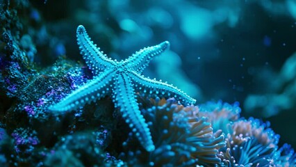 Wall Mural - A neon blue starfish clinging to the side of a coral reef its radiant color standing out against the bright sea.