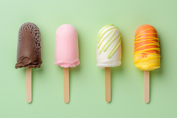 Four fruit-flavored ice creams on sticks against a light green background, white, pink, brown and yellow color. Cold dessert without sugar or substitutes. Copy space