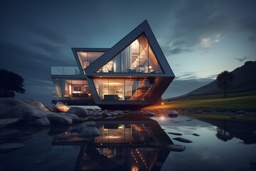 Wall Mural - A modern lakeside villa with beautiful glass architecture