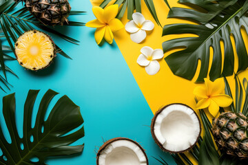 Wall Mural - Top view tropical tree with flowers leaves, pineapples and coconut on blue background, Flat lay Minimal fashion summer holiday vacation concept