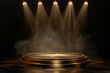 Gold podium illuminated by spotlights on a dark background Creating an elegant and prestigious setting for award ceremonies or product showcases