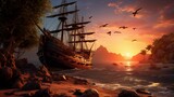 pirate ship stranded on an island with a sunset background. generative ai