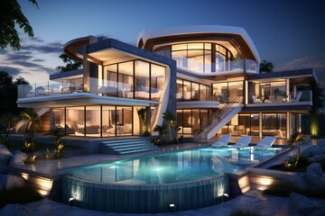 Wall Mural - A futuristic mansion with swimming pool