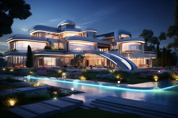 Wall Mural - A futuristic mansion with swimming pool