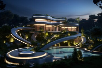 Wall Mural - A futuristic mansion with swimming pool