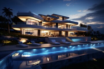 Wall Mural - A futuristic mansion with swimming pool