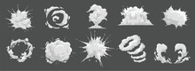 Burst Or Explosion Cartoon Vector Effects. Bomb Or Explosive Detonation, Rocket Launch Smoke Trace And Dust Cloud. Comic Boom, Bang Or Hit, Attack Blast, Dynamite Blaze And Vapor Puff Icon Set