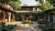 A Mediterranean-style detached house with stucco walls, terracotta roof tiles, and an outdoor courtyard with a fountain