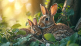 Fototapeta  - A mother rabbit nursing her babies in a hidden nest under a bush, with soft sunlight filtering through the leaves