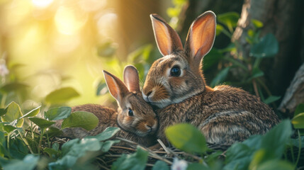 Wall Mural - A mother rabbit nursing her babies in a hidden nest under a bush, with soft sunlight filtering through the leaves