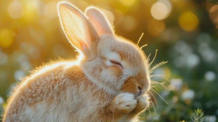 Wall Mural - A close-up of a rabbit grooming itself, with each fur detail visible and a soft focus on the background