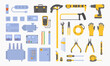 © Lucky Creative's - Electrician tools set. Vector illustrations of equipment for electric power control and repair. Cartoon multimeter and voltmeter, cables, wires isolated on white. Hardware, maintenance service concept