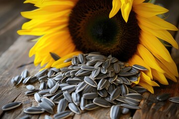 Wall Mural - Organic sunflower seeds and flowers on wooden table