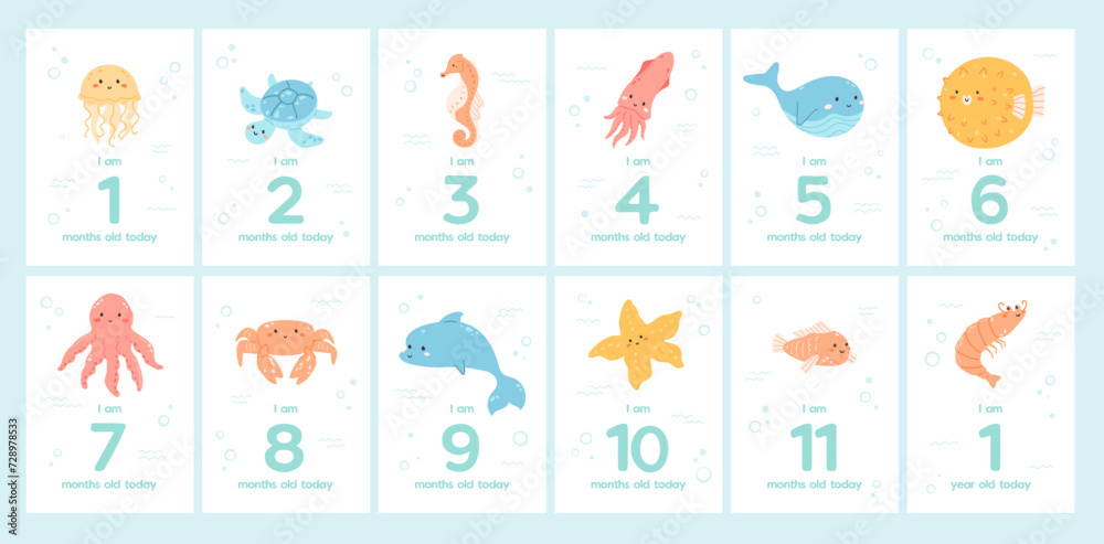 Baby milestone cards with cute under the sea animals and numbers. Water ...