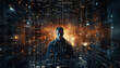 © cabado - Anonymous hacker man in front with black sweatshirt, surrounded by orange glowing data network on virtual space background. Cybersecurity, cyberattack, cybercrime concept. Generative AI.