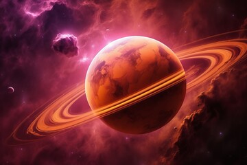 Wall Mural - abstract cosmic background featuring nebulae and pink clouds, with a planet adorned with rings