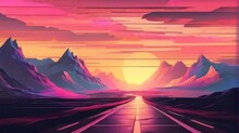 Highway Drive With Beautiful Sunrise Landscape. Lettering Let's Go Travel, Drive. Highway Drive Adventure Travel Summer Driving Travel Road Car View. Mountains Horizon. 