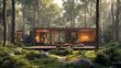 A shot of a modular house surrounded by tall trees, blending seamlessly with its natural environment.