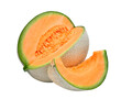 slice of japanese melons, orange melon or cantaloupe melon with seeds isolated, png file