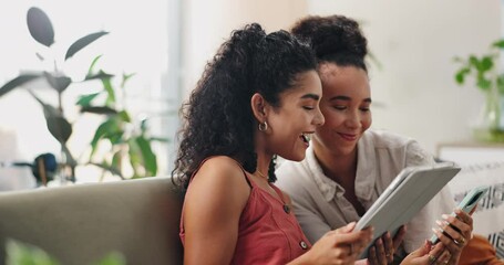 Canvas Print - Tablet, friends and cellphone for connection on sofa, internet and talking of social media post in living room. Women, technology and happy on weekend for online shopping app and subscription in home