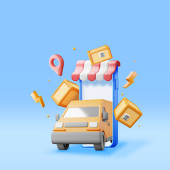 Poster - 3D Delivery Van and Cardboard Boxes in Smartphone. Render Express Delivering Services Commercial Truck. Concept of Fast and Free Delivery by Car. Cargo and Logistic. Realistic Vector Illustration