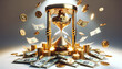Golden hourglass or sand clock with full stack of coin and money falling and dropping