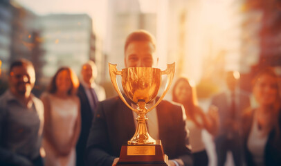 Poster - Happy worker team in office holding a golden trophy to celebrate succession of a big project with a sunset light effect background. Generative AI.