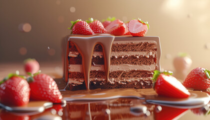 Wall Mural - chocolate, strawberries and caramel cake