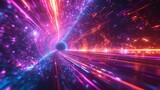 Fototapeta Przestrzenne - Dynamic 3D rendered tunnel illuminated by a spectrum of purple light, depicting high-speed movement and futuristic energy