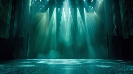 Modern dance stage set for a dynamic performance, with green lights reflecting off the polished floor and a spotlight ready to shine