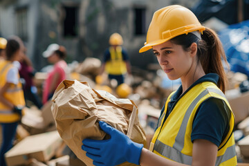 Poster - volunteers giving humanitarian aid to the victims	
