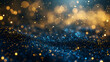 blue and gold particle abstract background with bokeh like a christmas golden light shining on navy blue background, holiday, festival, glitter texture
